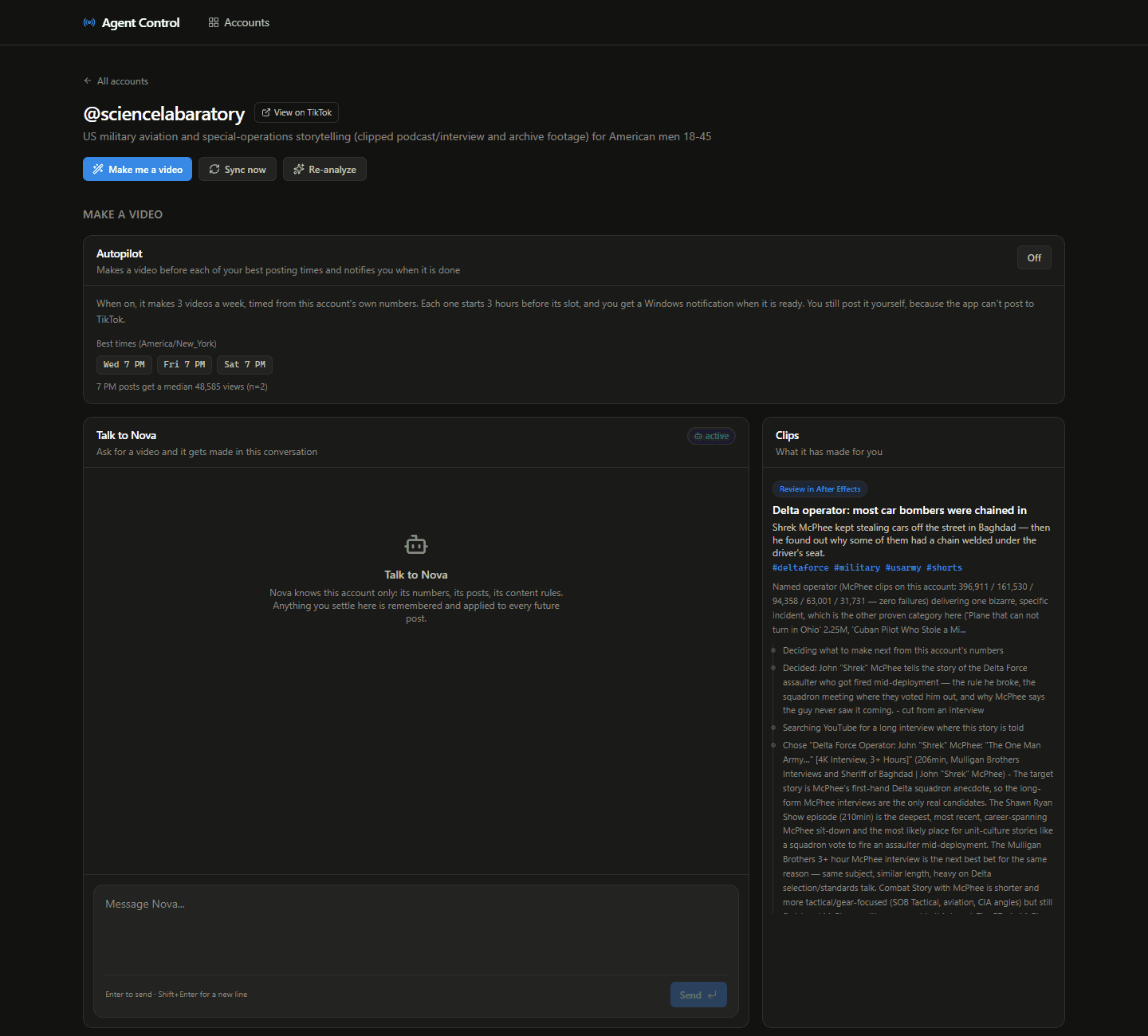 TikTok Agent Control: Account: autopilot, Nova chat and clips it made
