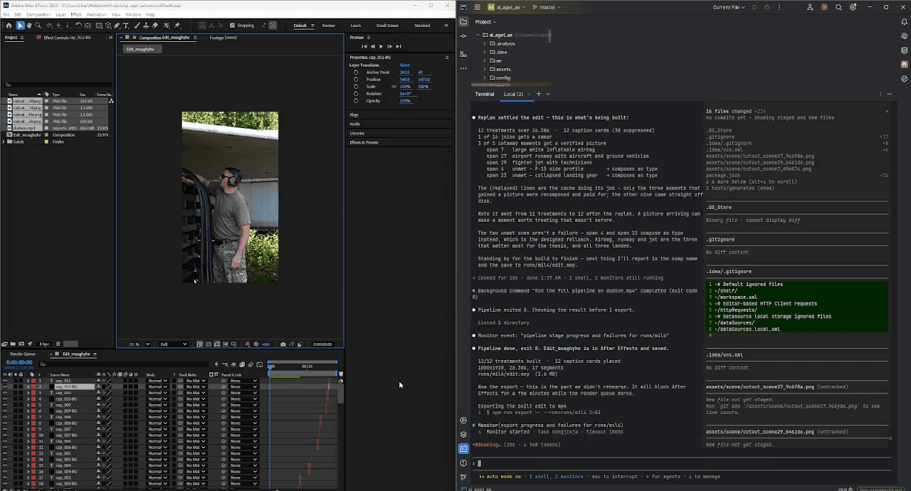 Agentic Video Editing: Pipeline done: 12 caption cards placed, project saved to edit.aep