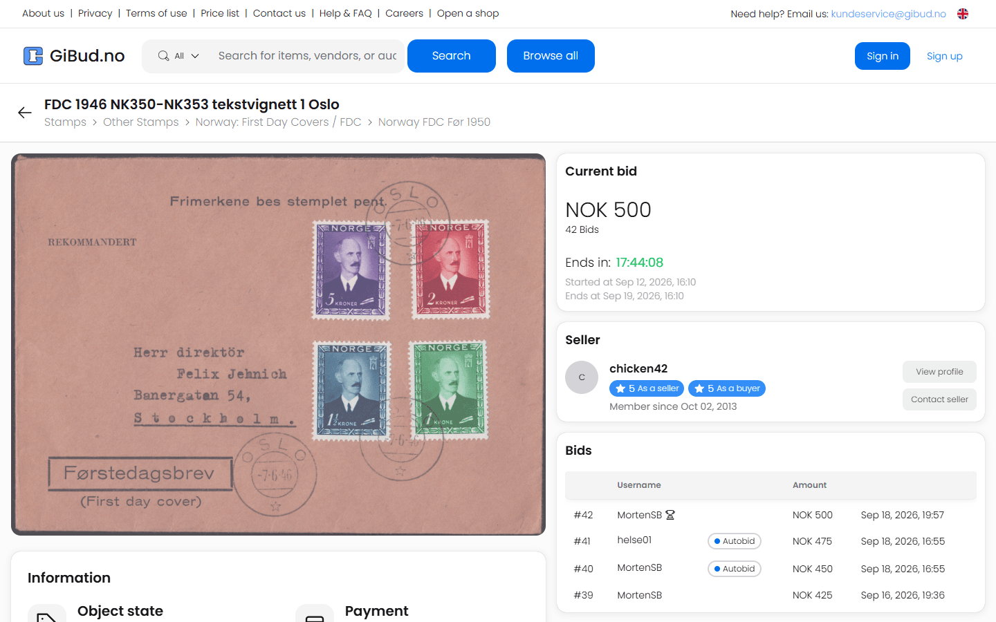 GiBud: Website: auction item with bid history