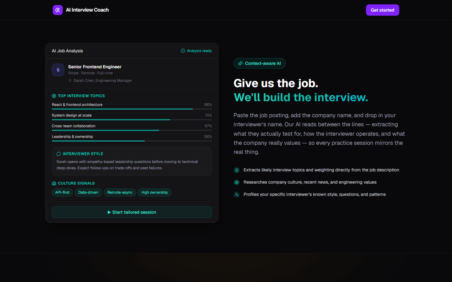 AI Interview Coach: Job analysis: topics, interviewer style, culture